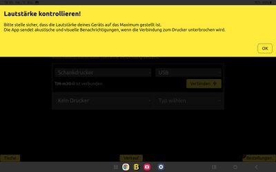 9. Nach erfolgreicher Verbindung wird der Hinweis angezeigt, dass man die Gerätelautstärke kontrollieren soll. Die App gibt ein akustisches Signal von sich, falls die Druckerverbindung unerwartet getrennt wird (z.B. bei versehentlichem Ziehen des Kabels). Es lohnt sich daher das Gerät auf volle Lautstärke zu stellen, damit das Signal hörbar ist.